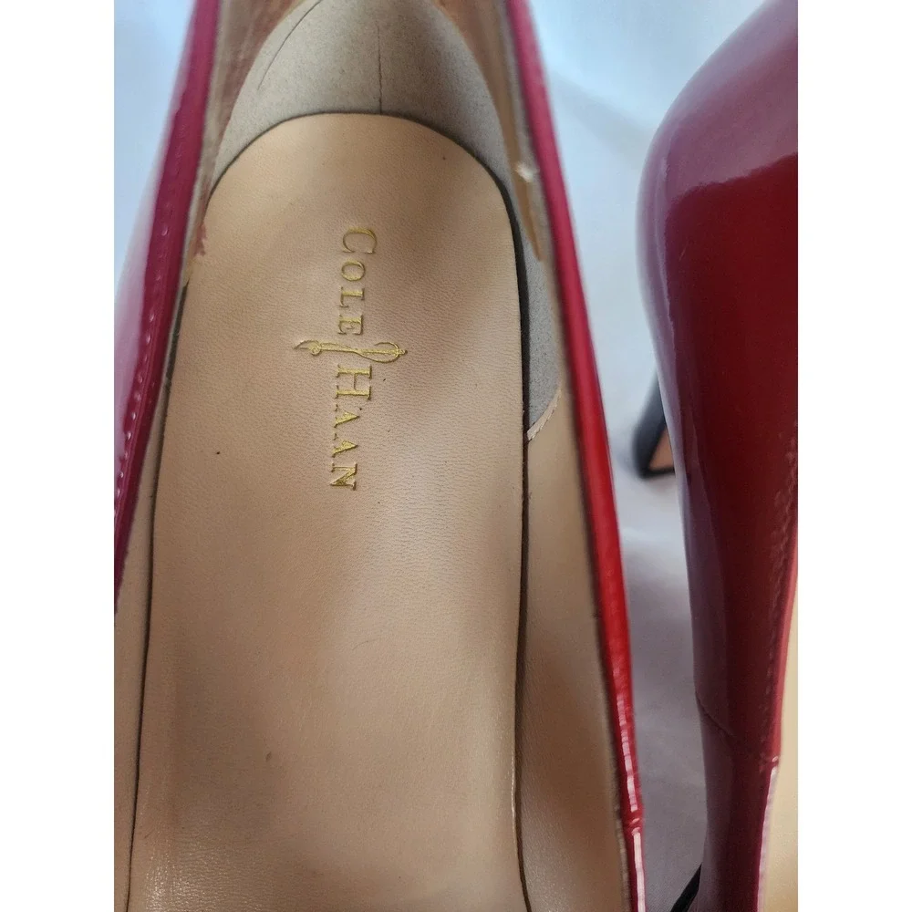 Cole Haan Red Patent Leather Pumps Size 9B Rounded Toe Stacked Heel Dress Shoes